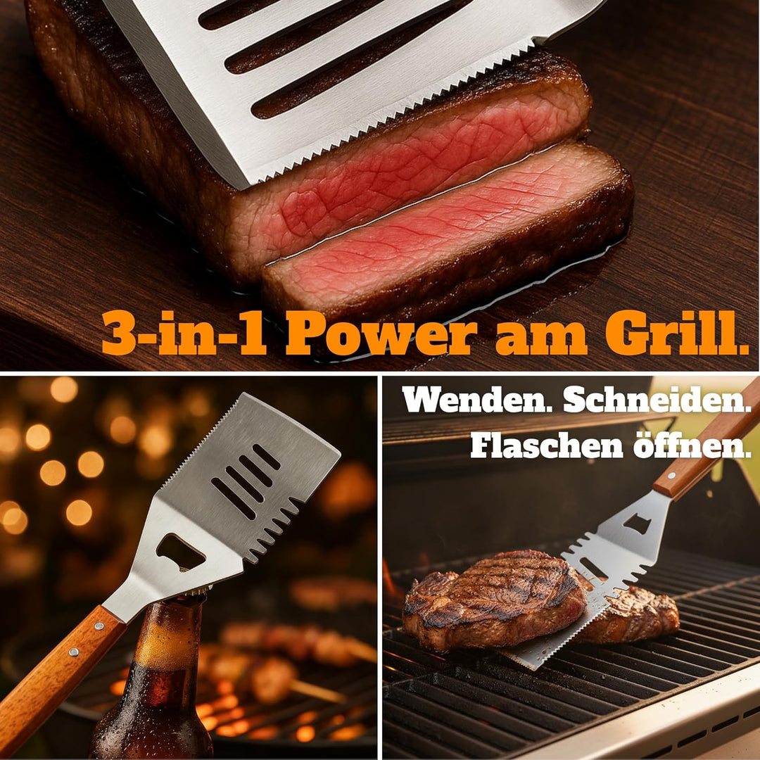 Grillset für Männer Geschenk – Grillbesteck Set aus Edelstahl - 3-in-1 Spachtel & Reinigungsbürste –