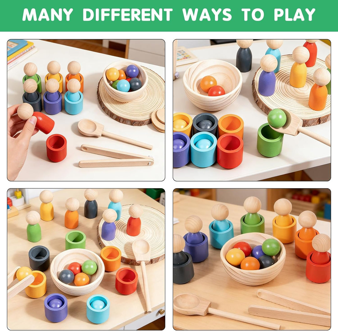 Montessori Holz Sortier Set,7 Regenbogen Bälle 30mm + 7 Tassen,Sensorisches Lernmaterial für Farbe S