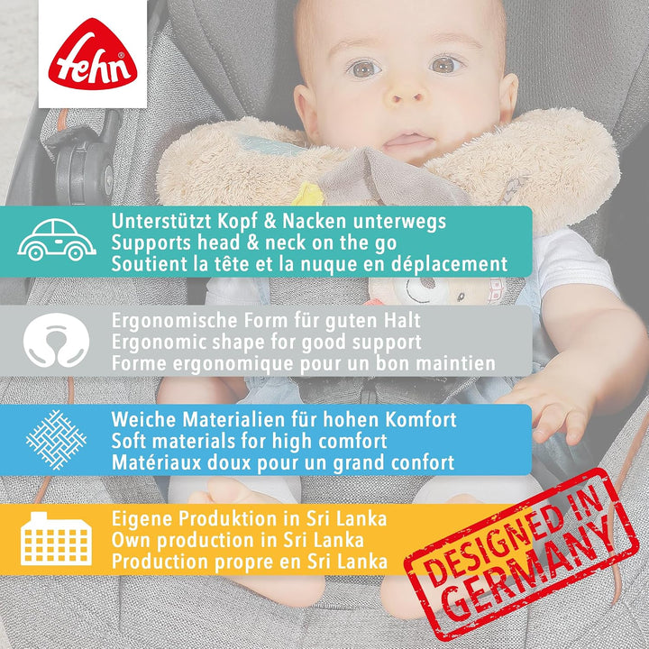 Fehn Nackenstütze Einhorn – Nackenkissen mit kleinem Rassel-Tier – Ergonomische Form des Nackenhörnc