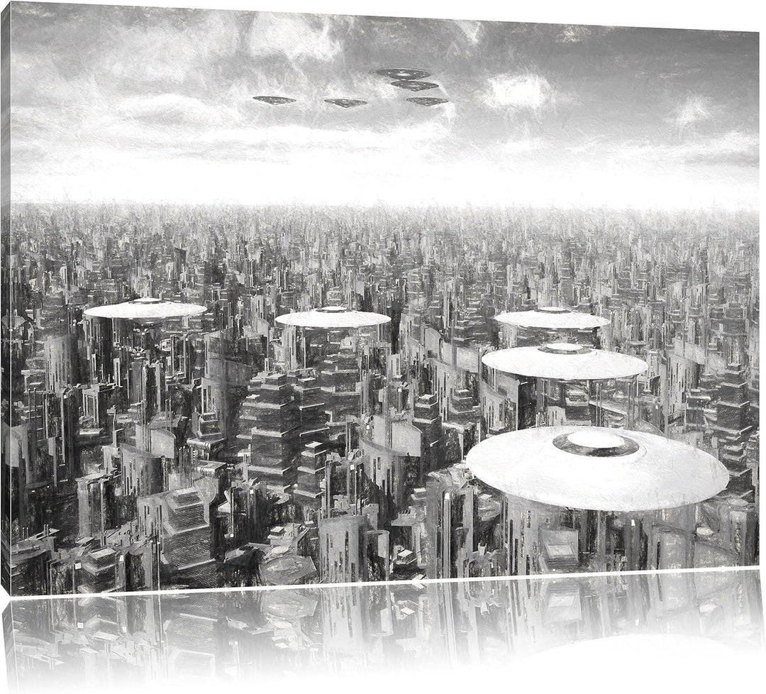Pixxprint UFO´s über der Stadt Kunst als Leinwandbild/Grösse: 100x70 / Wandbild/Kunstdruck/fertig be