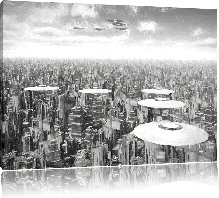 Pixxprint UFO´s über der Stadt Kunst als Leinwandbild/Grösse: 100x70 / Wandbild/Kunstdruck/fertig be
