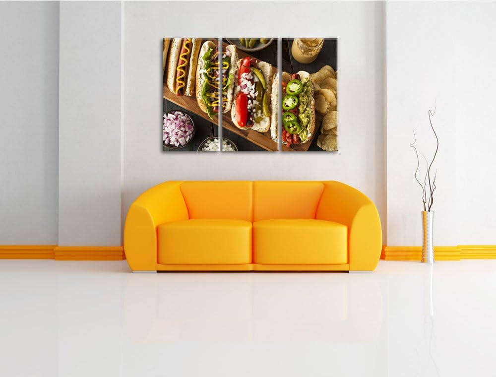 Amerikanische Hotdogs als 3-Teiler Leinwandbild 120x80 Bild auf Leinwand, XXL riesige Bilder fertig