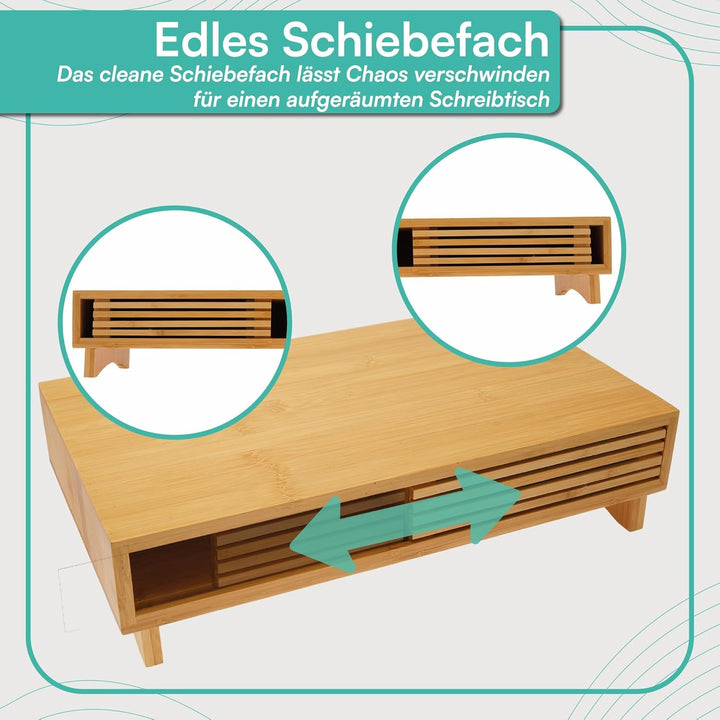 pixly® Monitorständer mit Schiebefach 42x24x10,5 cm ergonomische Monitorerhöhung Holz mit Stauraum S