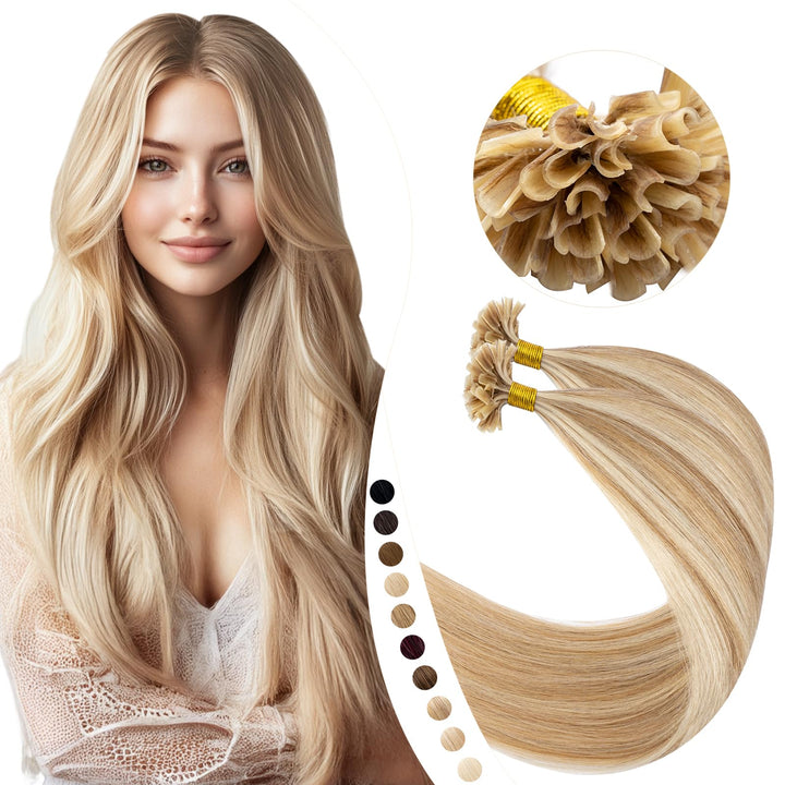 Elailite Echthaar Extensions Bondings 35cm #12P613 Weissbraun/Hellblond, U Tip Hair Extensions Kerat