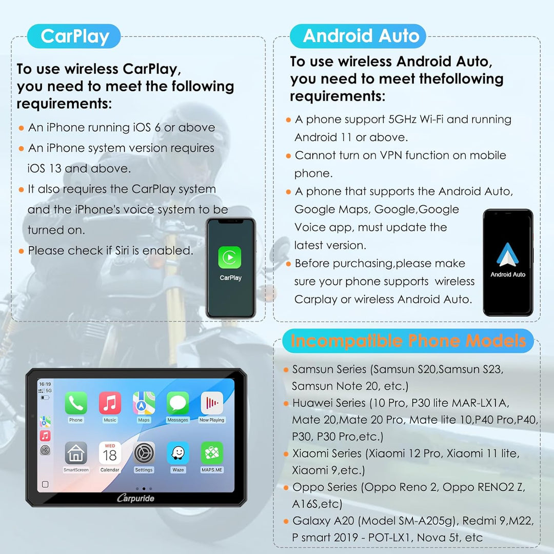 Carpuride W712D Motorrad Carplay Bildschirm mit 1080P Doppelkameras, Kabellos CarPlay und Android Au