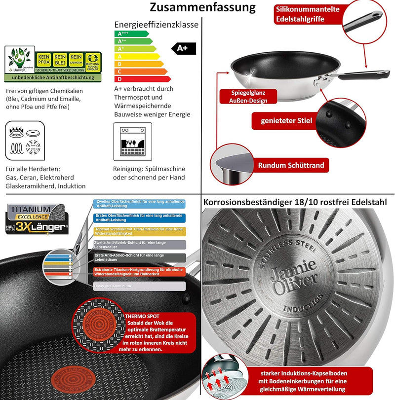 Tefal E30 Jamie Oliver Wok pfanne Induktion 28 cm -SET4- Wokpfanne Antihaft-beschichtet, Spülmaschin