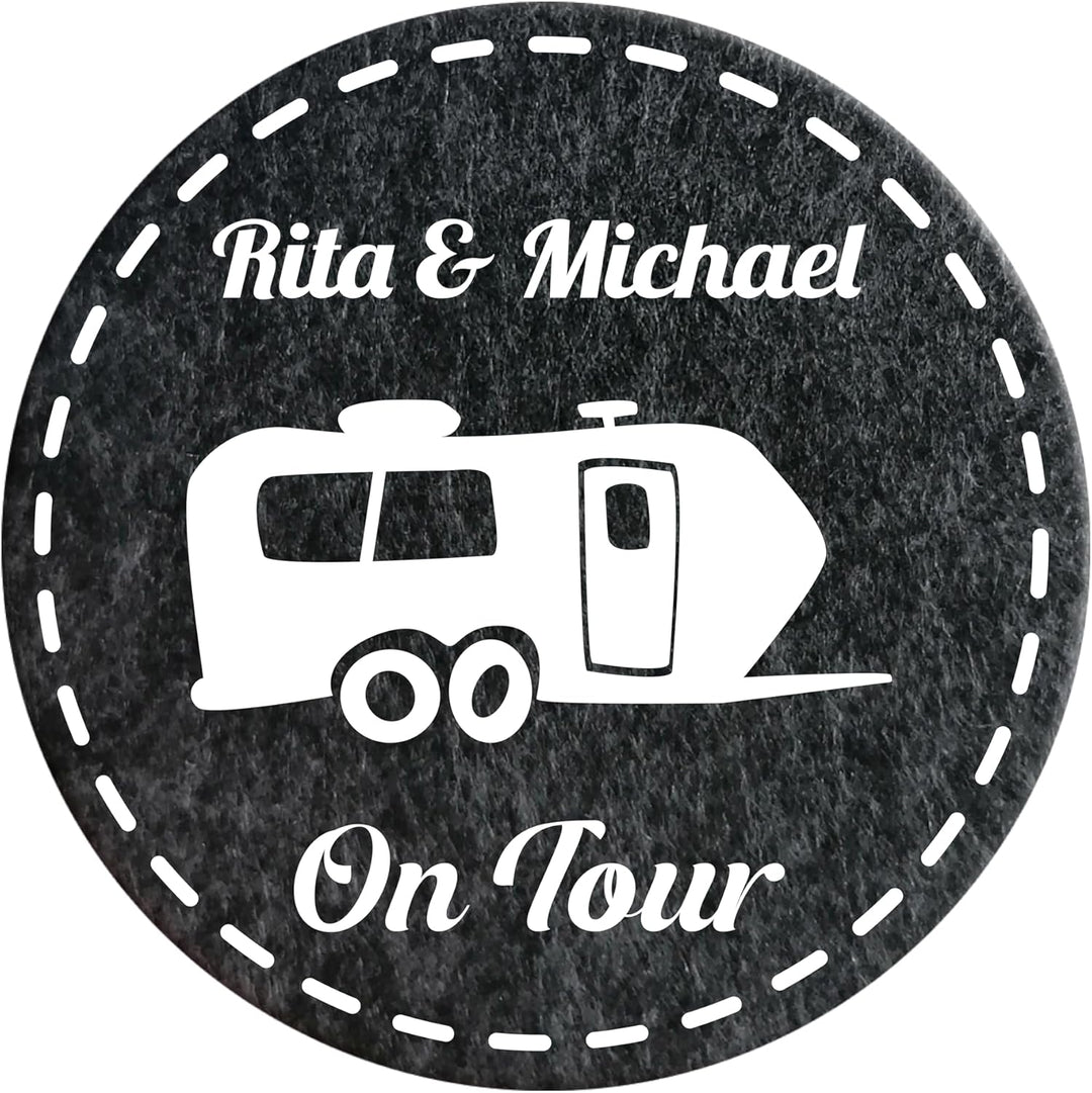 4 Filz Untersetzer Camping personalisiert mit Wunschtext und Motiv, Geschenk für Camper, Wohnwagen D