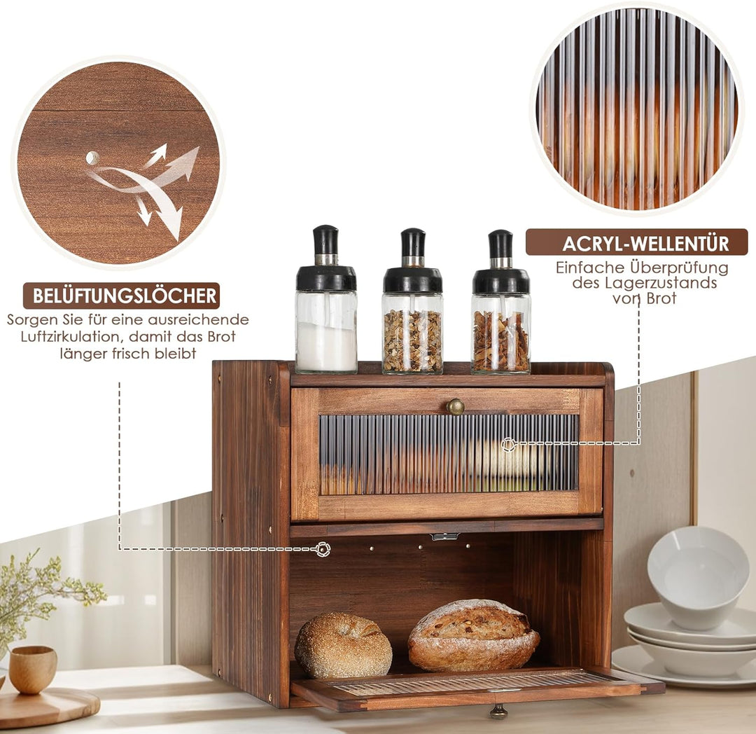 GUUSII HOME Brotkasten Gross Brotbox Küche Holz Gross Brotaufbewahrung 2 Etagen Brotkästen XL 36x24x