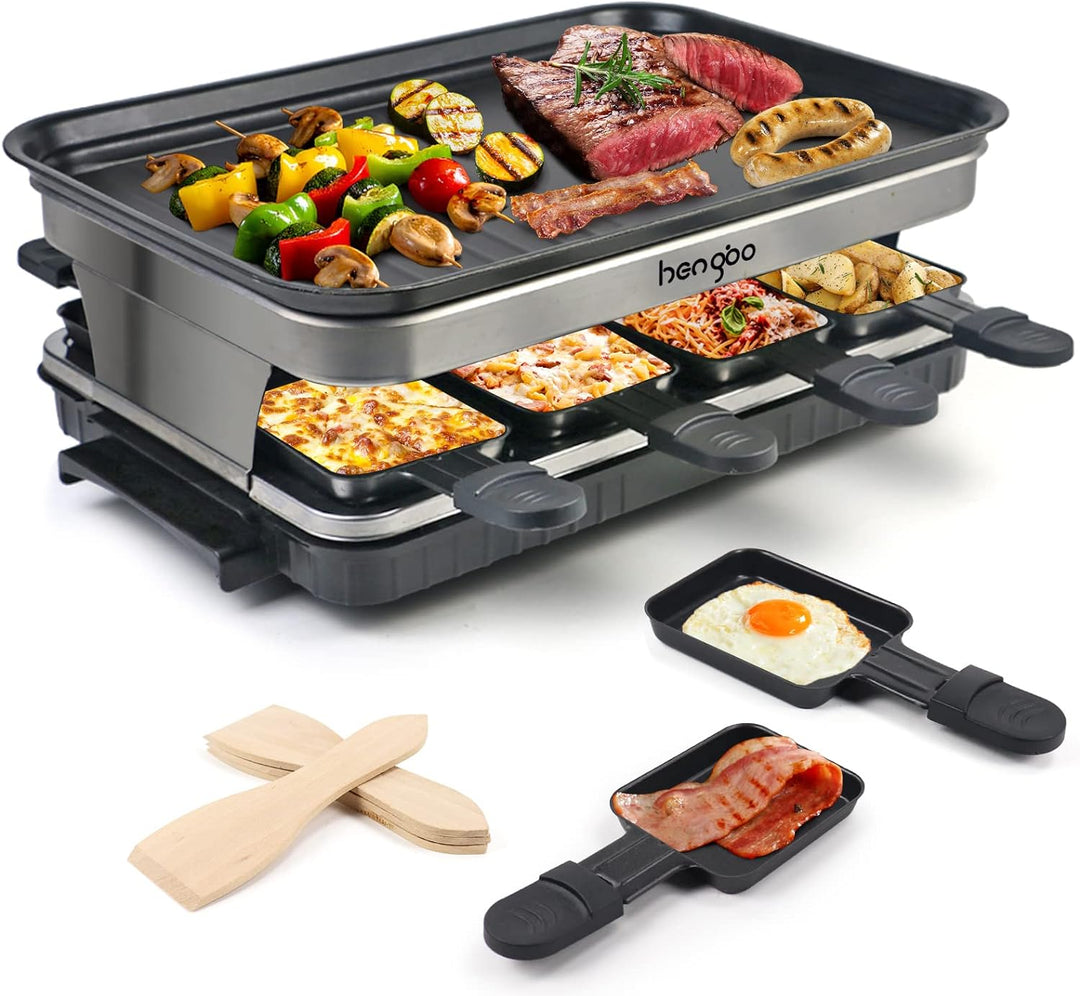 Raclette Grill 8 Personen Grillplatte Antihaftbeschichtet, Raclette mit 8 Mini Raclette Pfännchen &