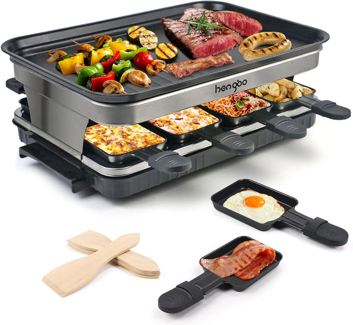 Raclette Grill 8 Personen Grillplatte Antihaftbeschichtet, Raclette mit 8 Mini Raclette Pfännchen &