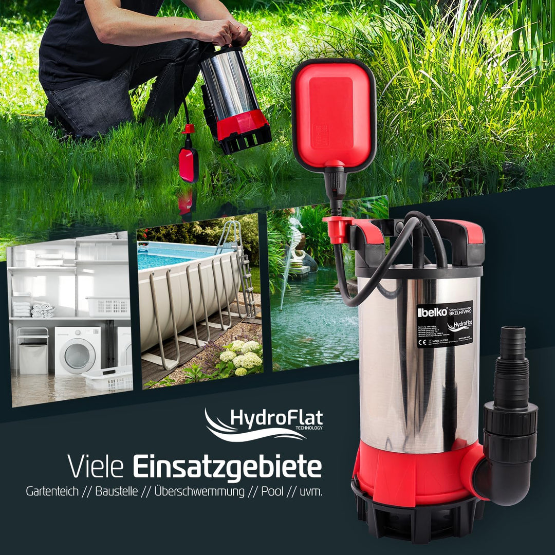 Belko® HydroFlat Vario Pro 850W – Flachsaugend bis 1 mm, 15.000 l/h, Edelstahlgehäuse, Schwimmerscha