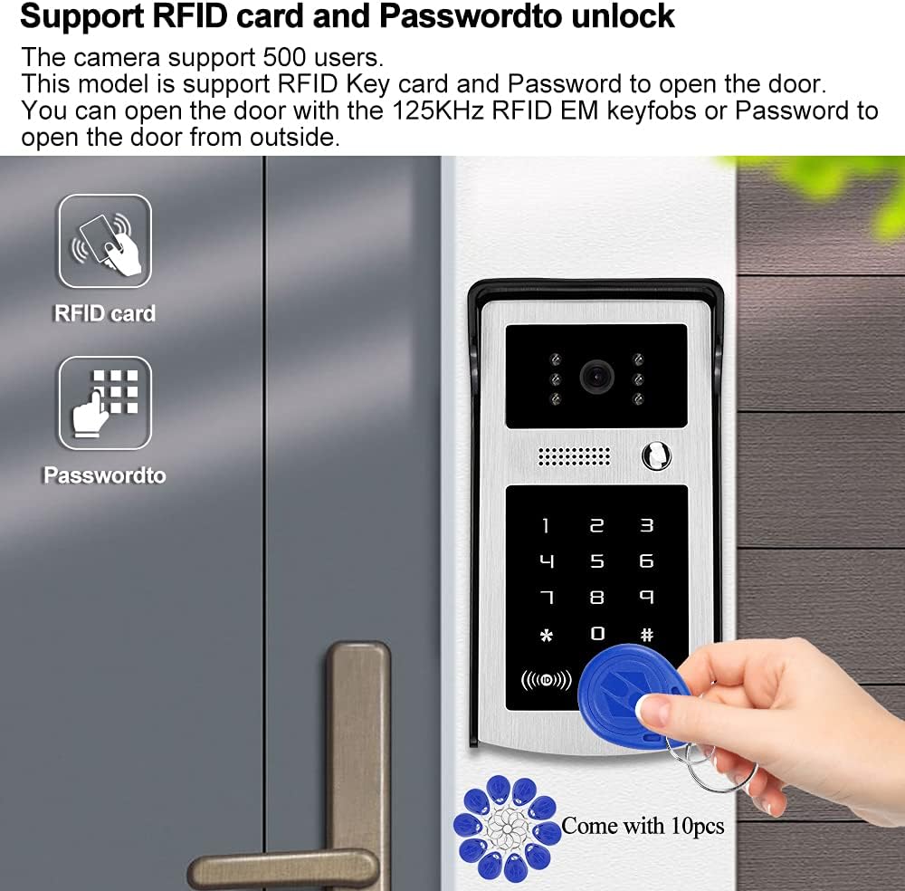 FTSTech 7-Zoll-Kabel-Video-Türsprechanlage RFID-Aussenkamera mit Regenschutz,10 Stück Blaue Benutzer
