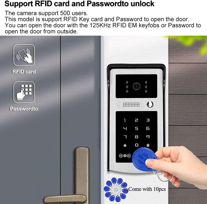 FTSTech 7-Zoll-Kabel-Video-Türsprechanlage RFID-Aussenkamera mit Regenschutz,10 Stück Blaue Benutzer