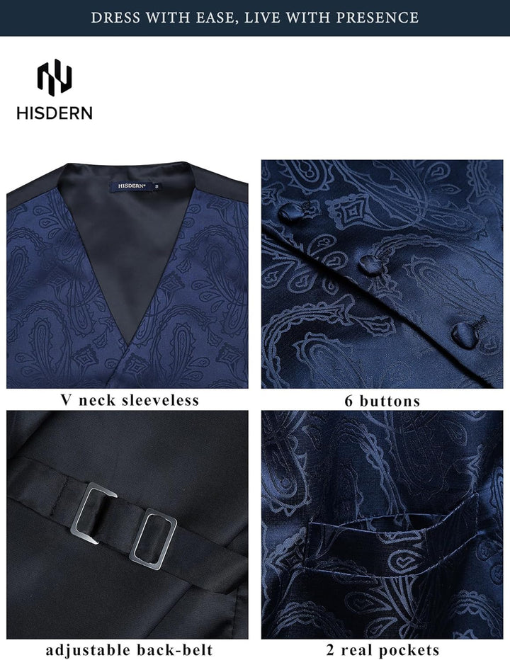 HISDERN Herren FLoral Hochzeit Weste Krawatte Einstecktuch Taschentuch Jacquard Weste Anzug Set XS N
