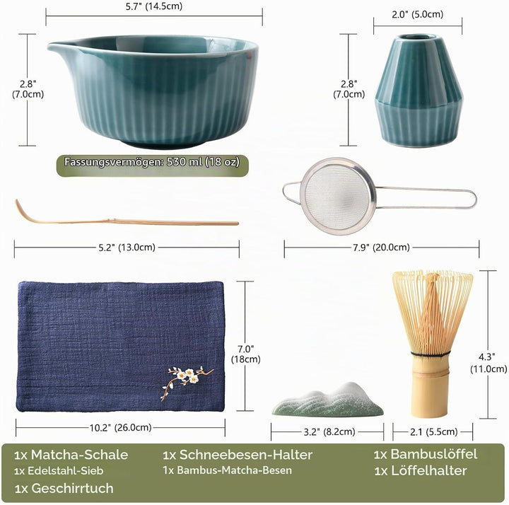 Matcha Set Premium 7-teilig Keramik: Matcha Schale, Bambus Besen (Chasen),Teebesenbasis，Teelöffel, S