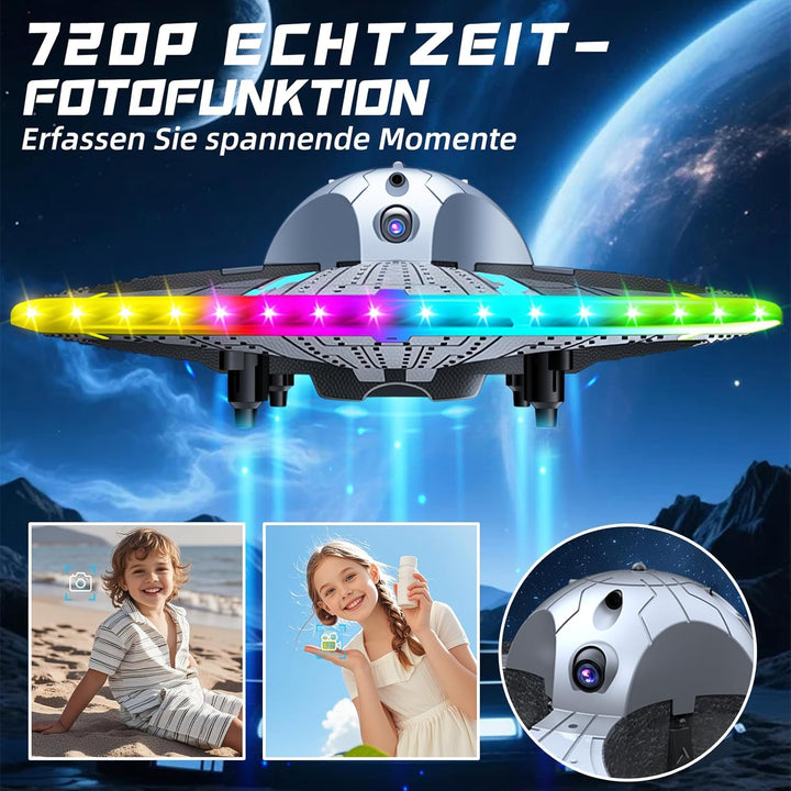 UFO Drohne mit Kamera, Drohne für Kinder und Anfänger mit Bunten LED-Lichtern, Kinder Quadrocopter F