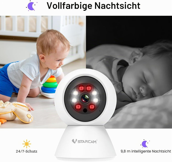 VSTARCAM WLAN Überwachungskamera Innen – 360° Pan/Tilt Kamera 3MP Full HD mit Nachtsicht, Bewegungse
