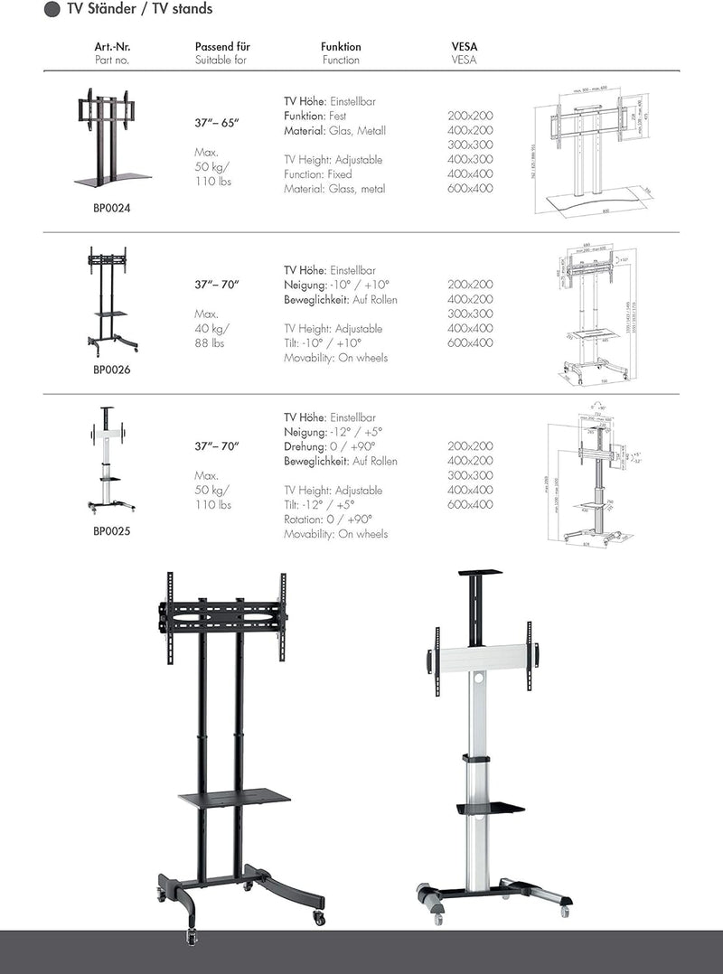 LogiLink BP0025 - Profi TV-Halterung / TV-Ständer auf Rollen mit Höhenverstellung für 37-70 Zoll (LC