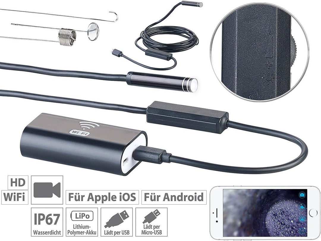 Somikon Endoskopkamera iPhone: WiFi-HD-Endoskop-Kamera für iOS- und Android-Mobilgeräte, 2 m (Endosk