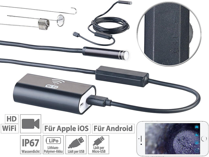 Somikon Endoskopkamera iPhone: WiFi-HD-Endoskop-Kamera für iOS- und Android-Mobilgeräte, 2 m (Endosk