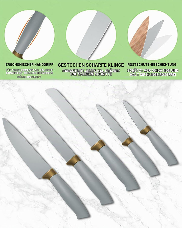 Küchenmesser Set 19-teilig – Küchenutensilien Set mit 5 Messer und 12 Silikon Küchenutensilien, Schn