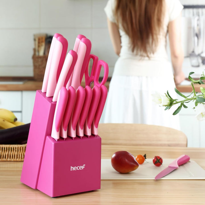 hecef 14-teilig Messerblock mit Messer, Pink, Antihaft-Beschichtung – Spülmaschinenfest, Messerblock