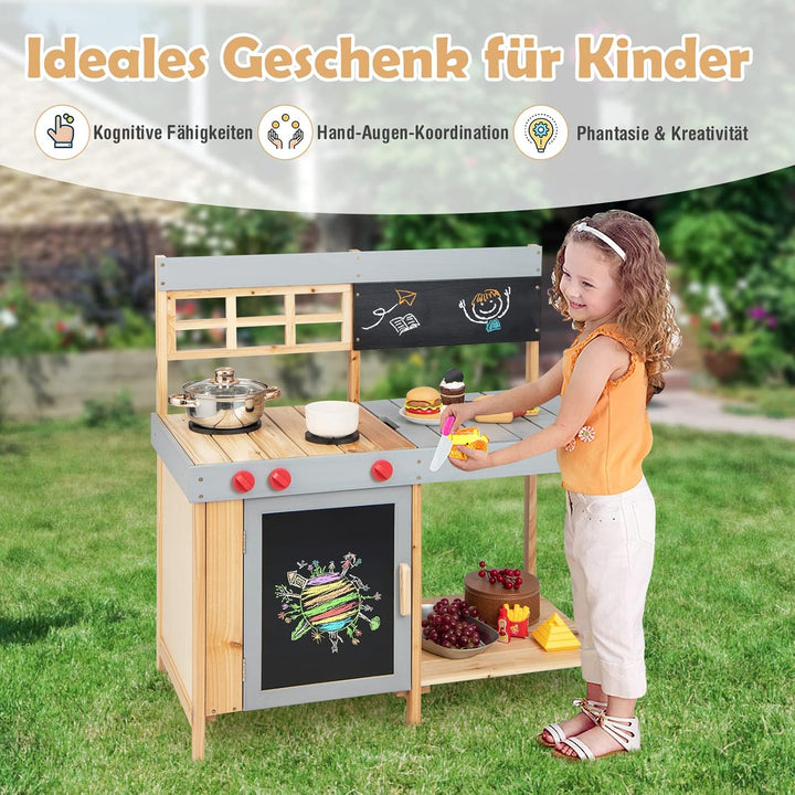 GOPLUS Kinderküche aus Massivholz, Stabile Matschküche mit Wasserbecken & Kreidetafel, Küche Spielse