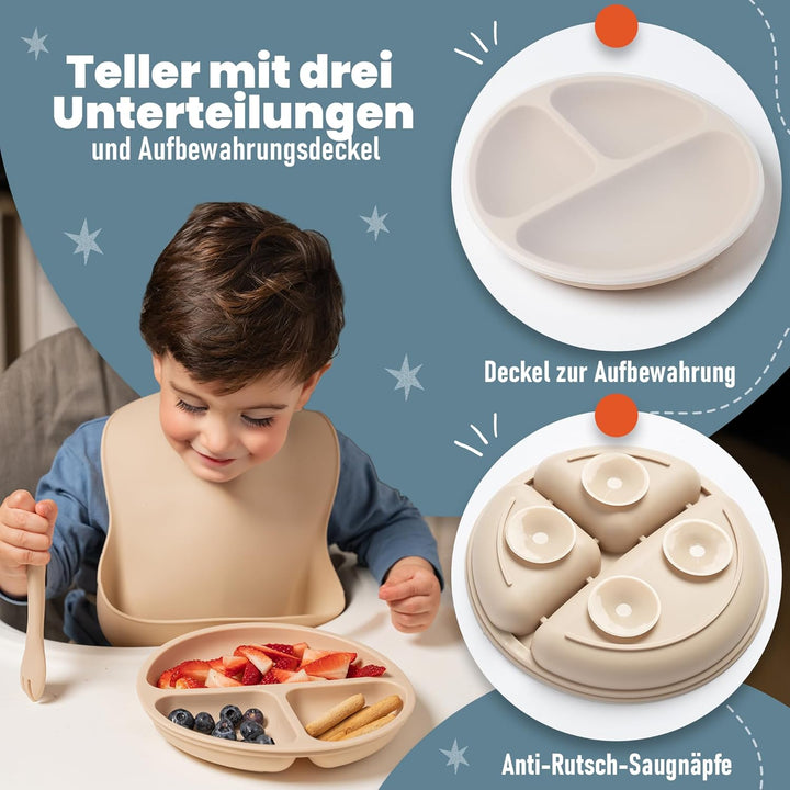 Kindergeschirr set aus Silikon mit Transport oder Aufbewahrungstasche - Kinderbesteck ab 1 jahr - Be