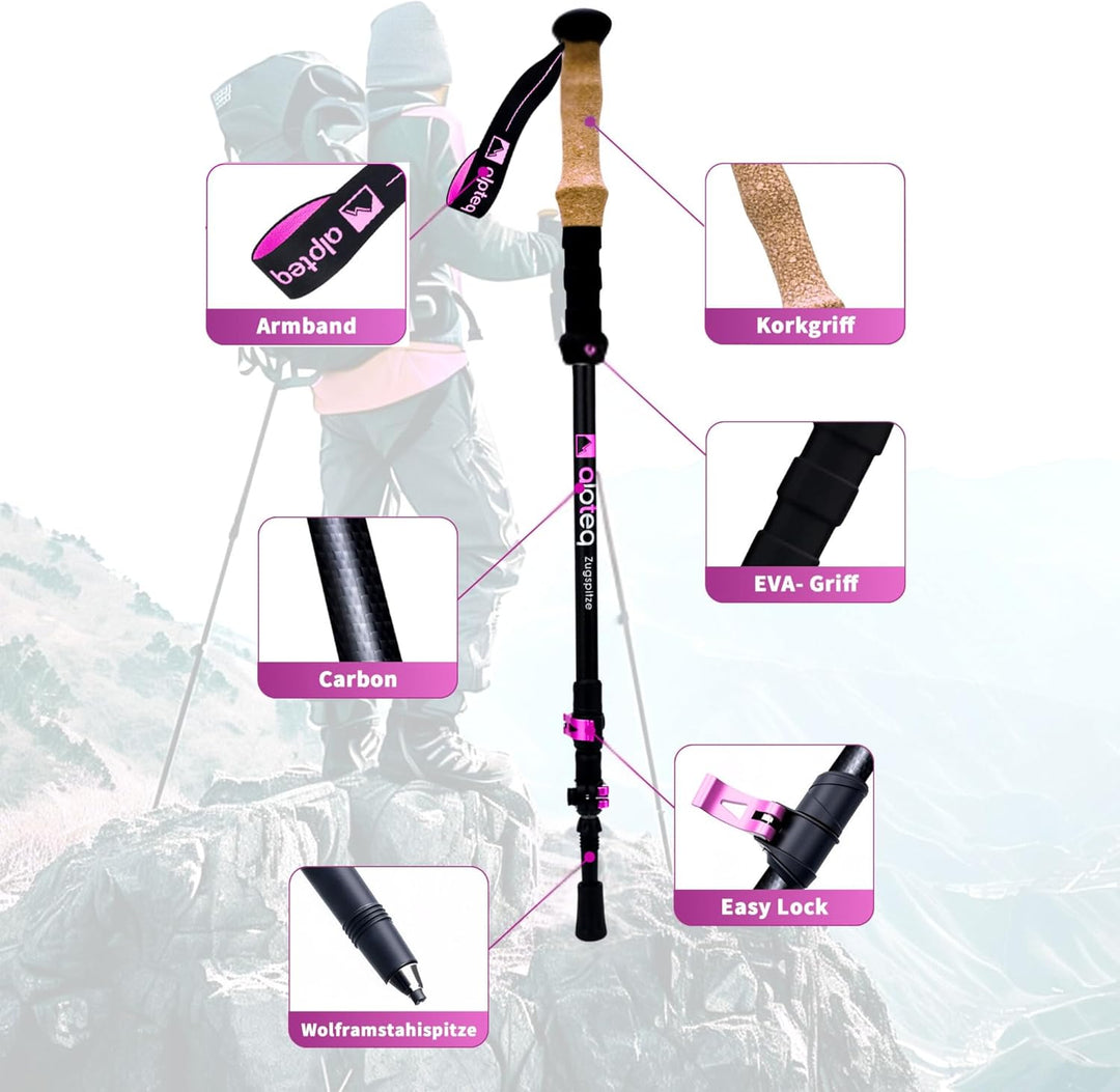Alpteq Carbon Wanderstöcke Teleskop – Ultraleichte Trekkingstöcke Kohlenstofffaser &amp; Aluminium für D