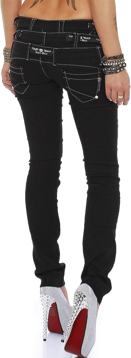 Cipo &amp; Baxx Damen Jeans – Slim Fit &amp; Used Look | Modische Kontrastnähte &amp; Mehrtaschen | Bequeme Stre