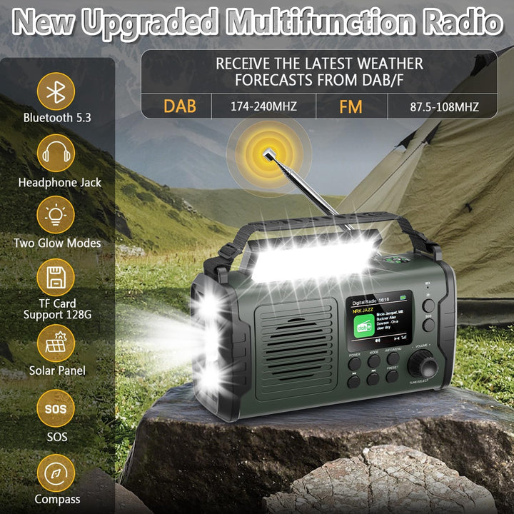 20000mAh Kurbelradio mit Bluetooth, DAB/FM Solar Radio, Als Taschenlampe & Leselicht, USB Handy-Lade