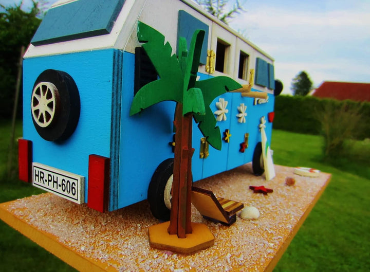 Nistkasten Camper, Hipppi Mobil, Vogelhaus zum Aufhängen, für Singvögel wie Spatzen, Meisen, Handarb