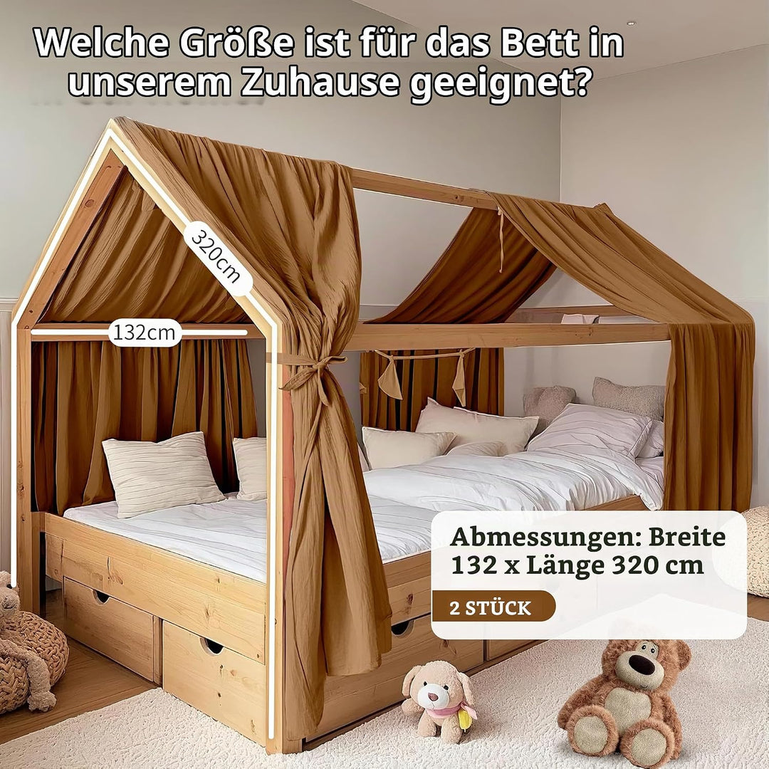 Hausbetthimmel 2 Stück, handgefertigt aus 100% Baumwoll-Musselin, Stoffhimmel zur Hausbettdekoration