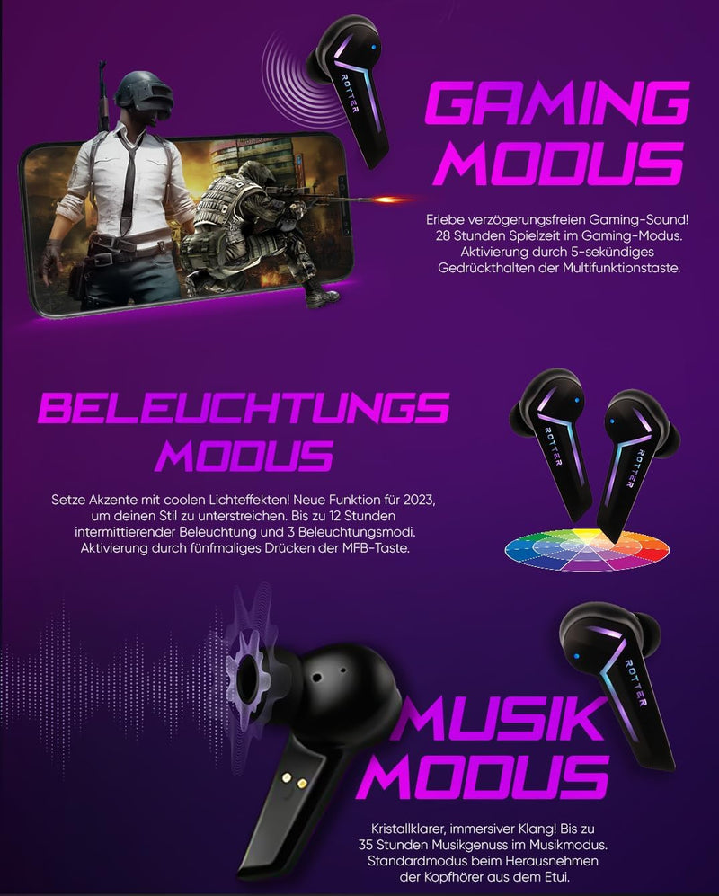 ROTTER® Kabellose Bluetooth Mobile Gaming Kopfhörer, Extrem Niedrige Latenz von 50 ms, Bluetooth 5.3