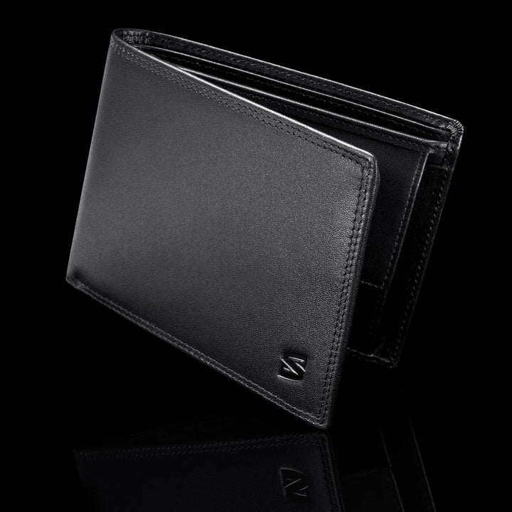 SERASAR | Leder Geldbeutel Männer mit RFID Schutz | Schwarzes Nappaleder | 12 Kartenfächer | Exklusi