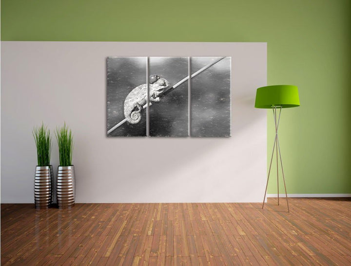 Pixxprint Gecko mit einem Marienkäfer / 3-Teilig/Gesamtmass 120cm Leinwandbild bespannt auf Holzrahm