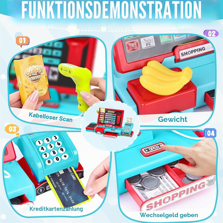 Elektronische Spielzeug Kasse Kinder mit Scanner und Sound, Supermarktkasse Rollenspielzeug, inkl. Z