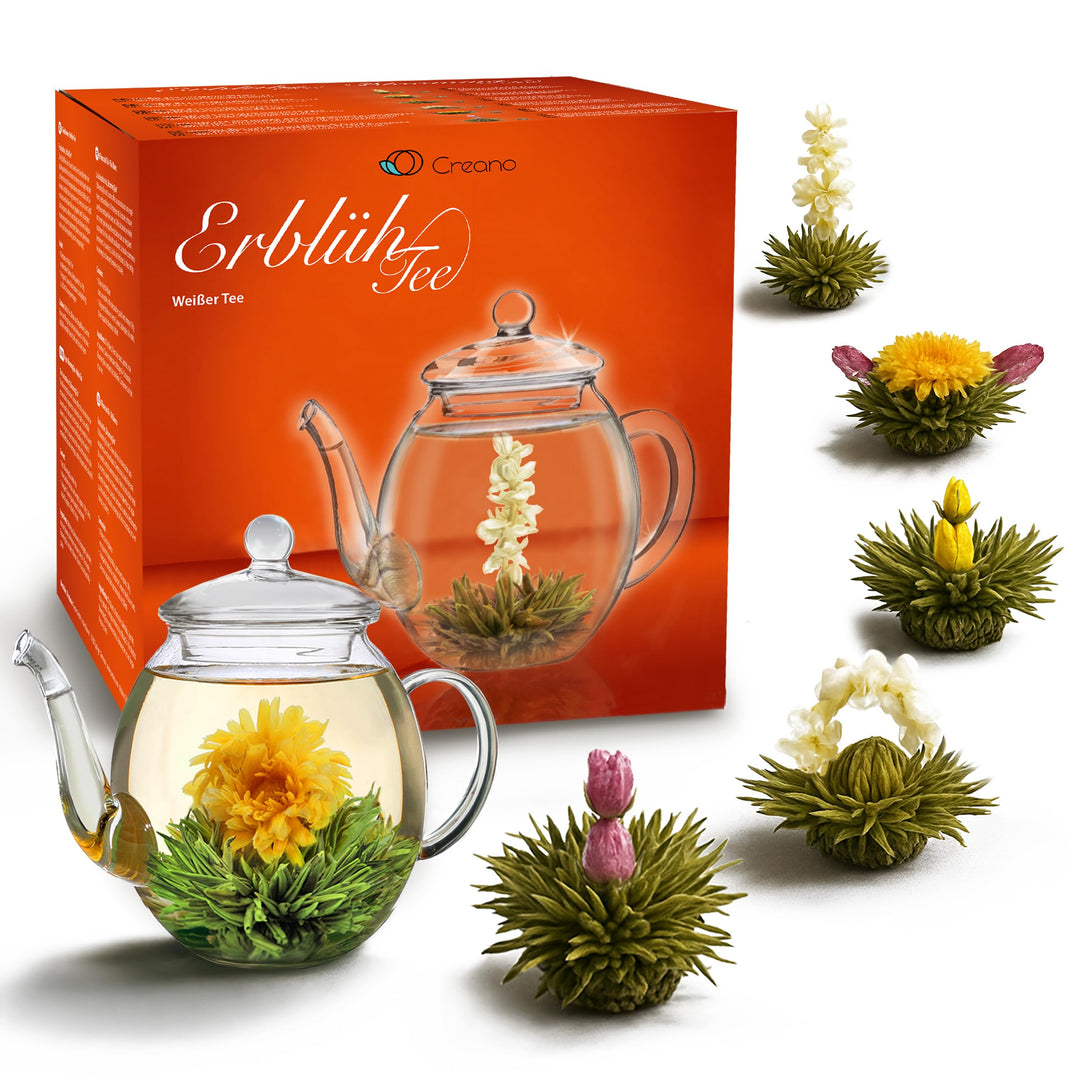 Creano Teeblumen Geschenkset - Erblühtee Frühjahrslese mit 500ml Glaskanne & 6x Weisser Tee - 7 teil