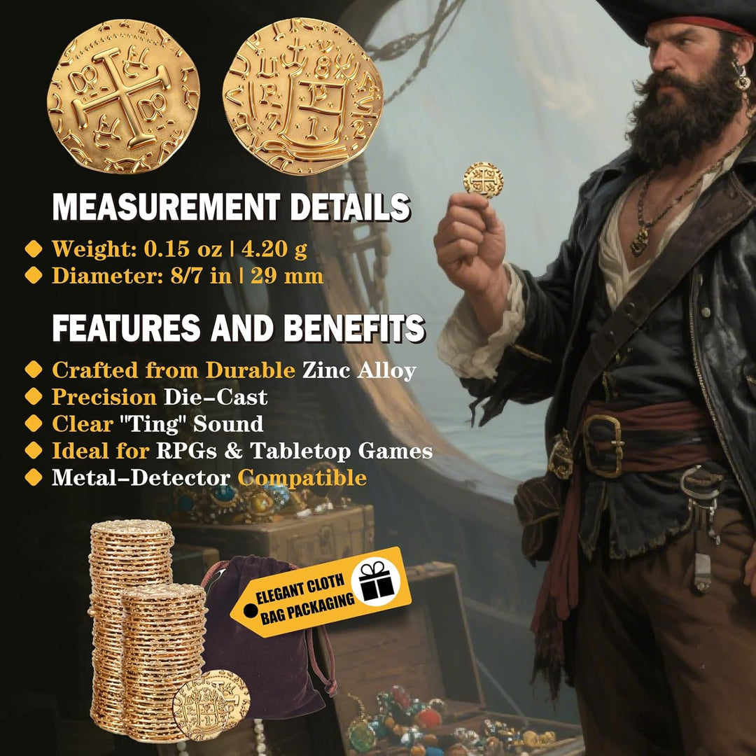 Piraten Münzen Zubehör,Goldmünzen-Set, Metall Goldtaler Deko Dublonen für DND Brettspiele, Cosplay,