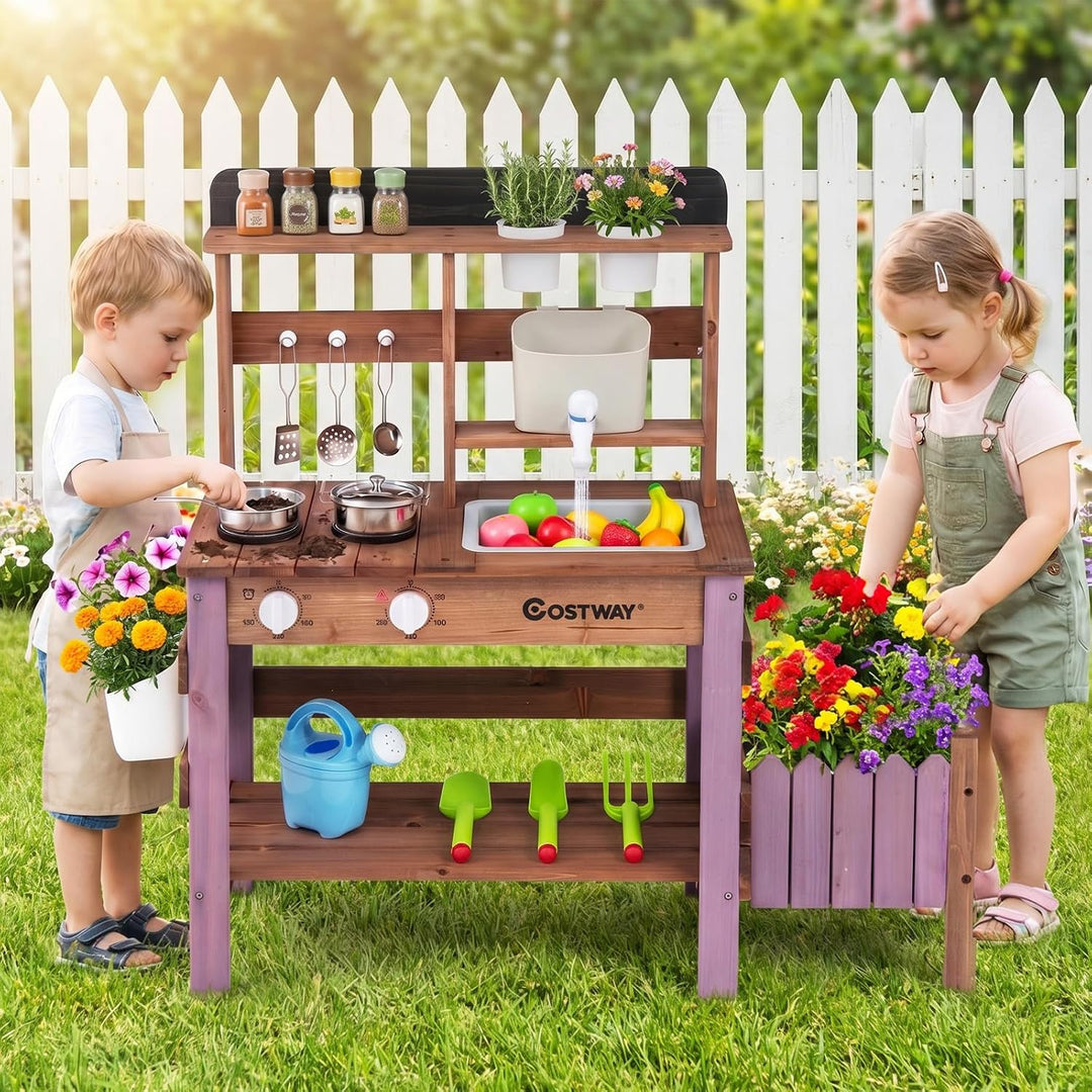 COSTWAY Matschküche Kinder Outdoor, Spielküche mit Wassertank &amp; Wasserhahn | Kinderküche mit Pflanzk
