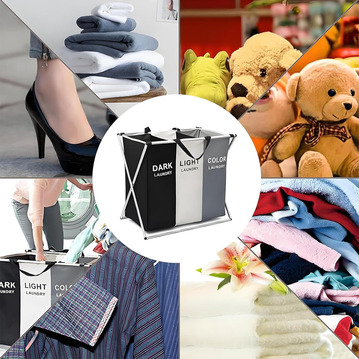 Wäschekorb Mit 3 Fächern Faltbarer Wäschesammler Aus 600D Oxford-Stoff Wasserdichter Wäschesortierer