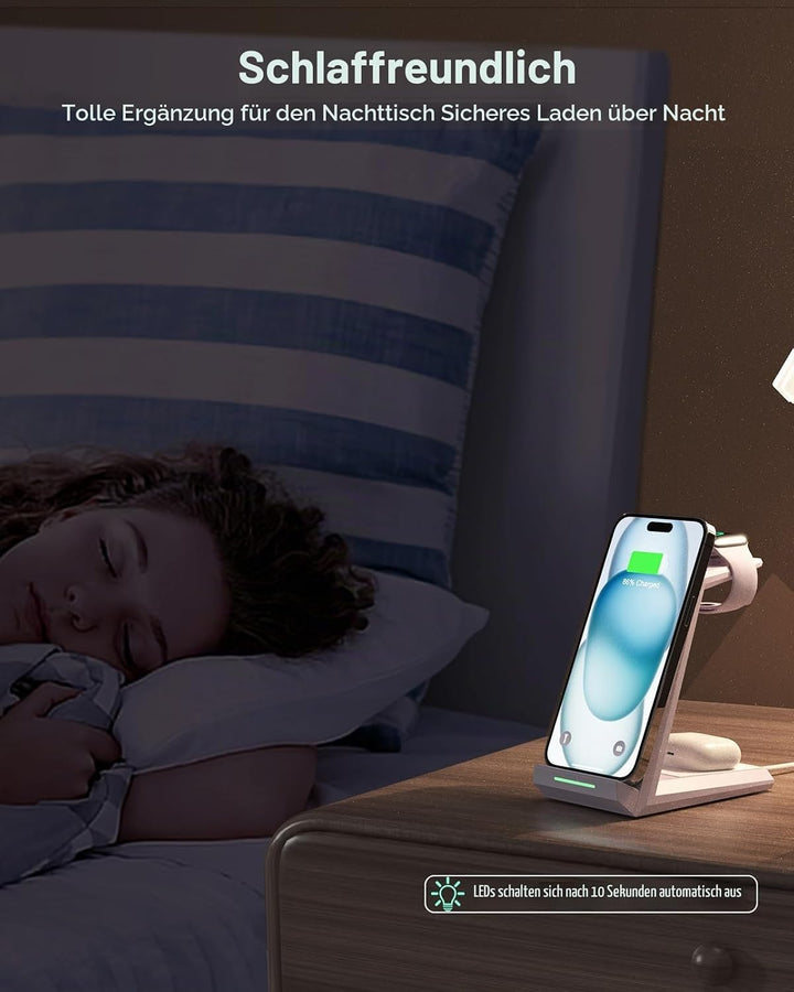3 in 1 Induktive Ladestation Apple Watch und iPhone, Kabelloses Ladegerät für iPhone 17/16/15/14/13/