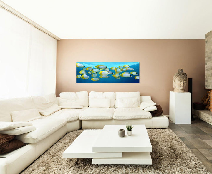 Paul Sinus Art Panoramabild auf Leinwand und Keilrahmen 150x50cm Karibik Meer Fischschwarm Unterwass