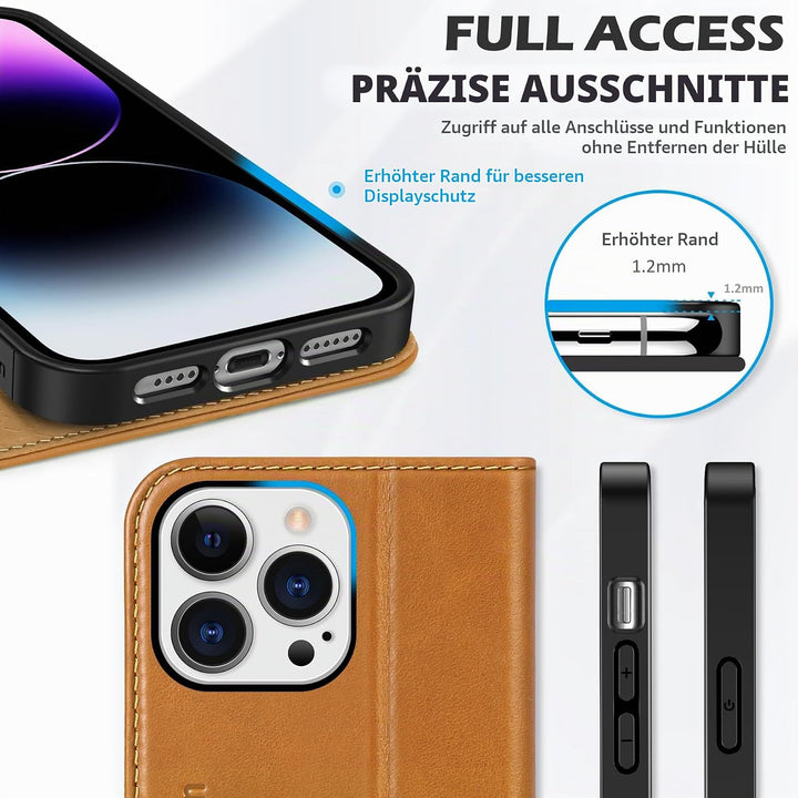 SHIELDON Hülle für iPhone 14 Pro Max Schutzhülle [Rindsleder] [Stossfest ] [Kartenfach] [Magnetversc