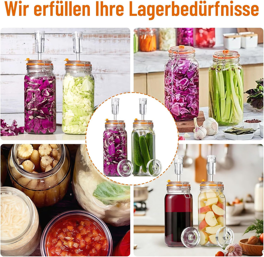 Fermentierglas 2 Stück 2L, Fermentationsglas mit Gärventi & Gewicht, Kimchi Behälter, Gärglas für Sa