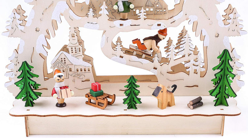 BRUBAKER 3D LED Lichterbogen Schwibbogen - Winterlandschaft mit Kirche - LED Beleuchtung - Holz natu