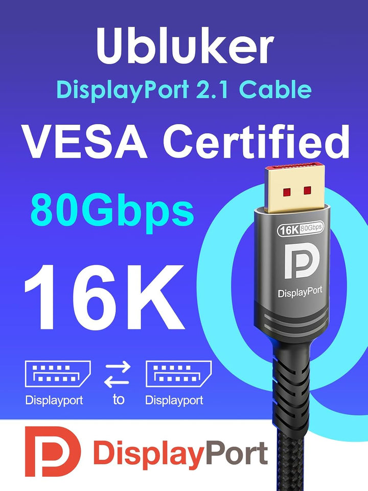 16k 8k DisplayPort 2.1 Kabel 80Gbps 1M, Zertifiziert Ultra-high Bit Rate DP Kabel UHBR20 HDR10+ DSC1