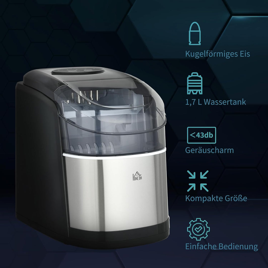 HOMCOM Eiswürfelmaschine Edelstahl, 12 kg 24 Stunden, 9 Eiswürfel in 6-9 Minuten, Verstellbar Würfel