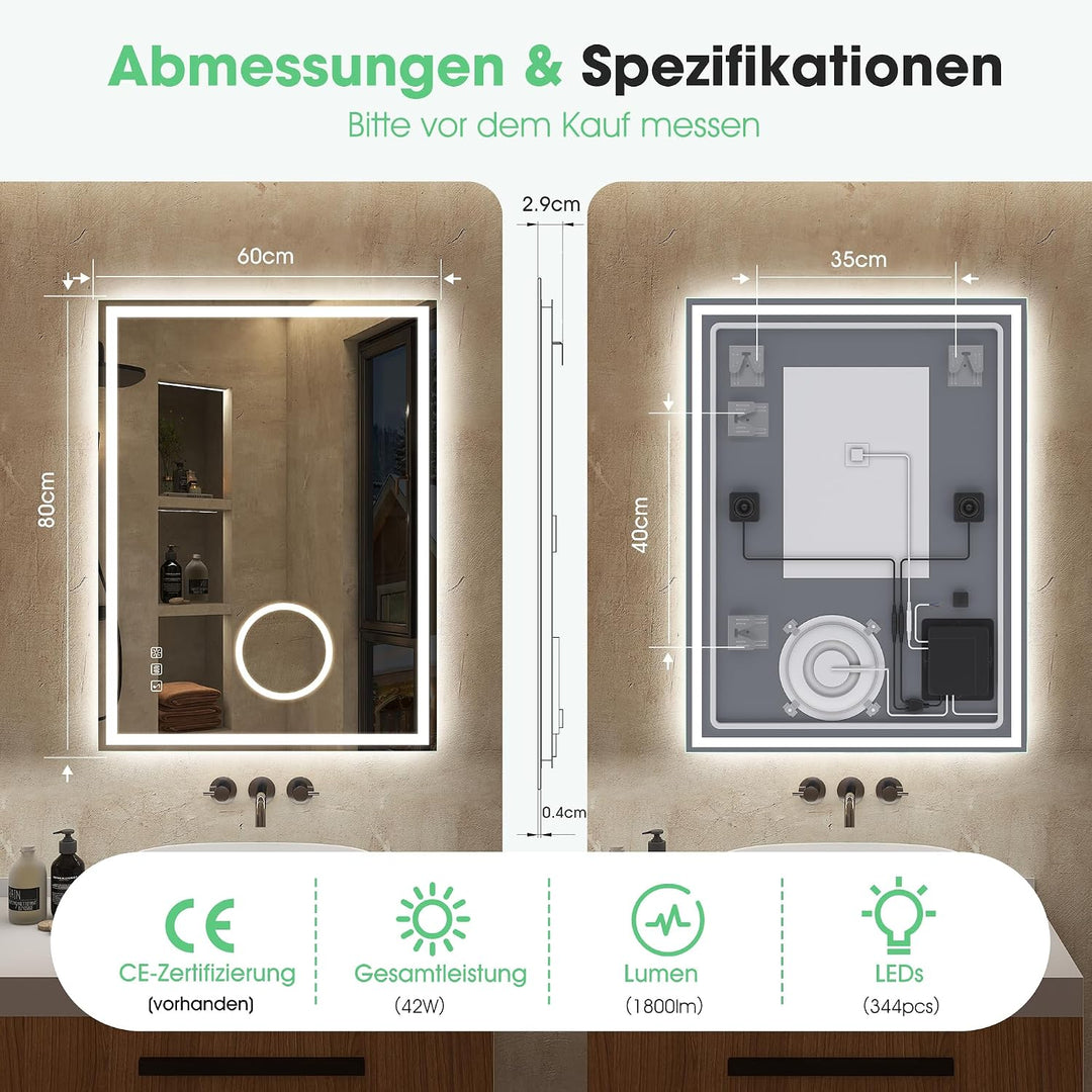 S'bagno Bluetooth Badezimmerspiegel mit Beleuchtung 80x60cm, Badspiegel mit Beleuchtung und 5fach-Lu