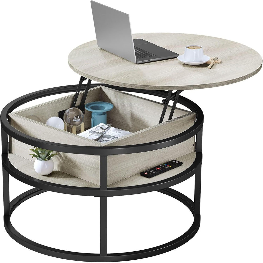 YITAHOME Couchtisch Rund mit Hebeplatte, Wohnzimmertisch mit verstecktem Ablagefach, Beistelltisch R